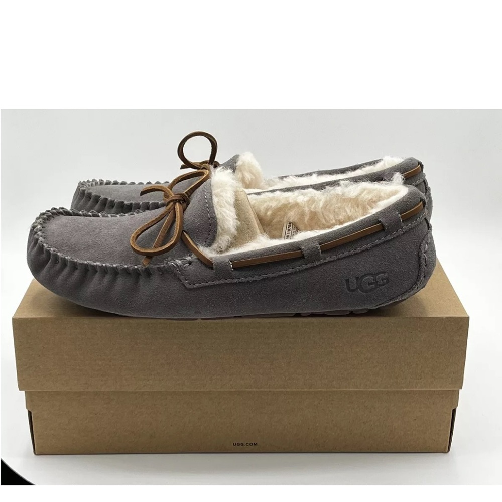 Ugg Womens Dakota Wool Lined Suede Leather Slippers Sz 6 Pewter Gray New